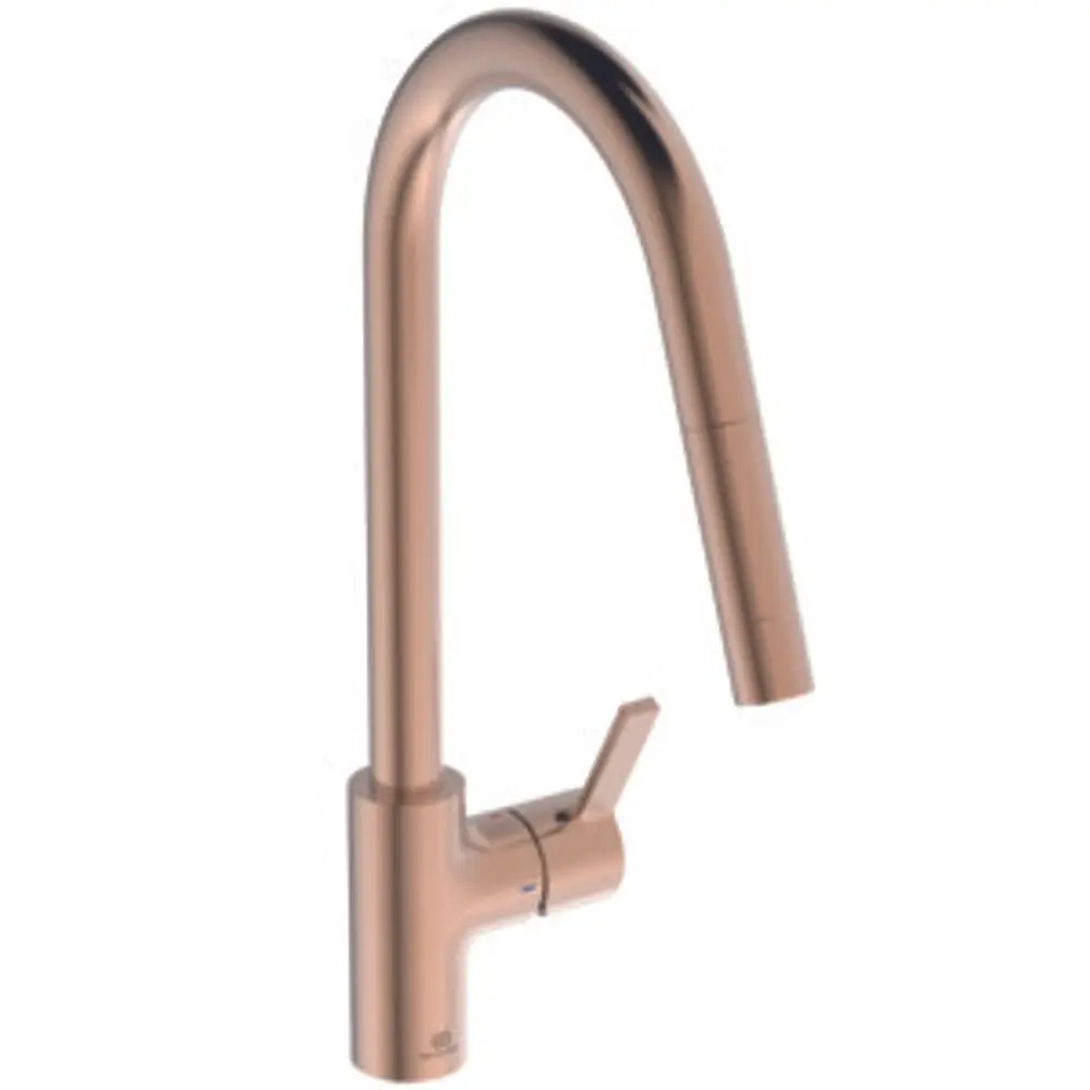 Küchenarmatur in Sunset Rose von Ideal Standard mit einem hohen, geschwungenen Auslauf und einem Hebel zur Temperatur- und Mengenregulierung.